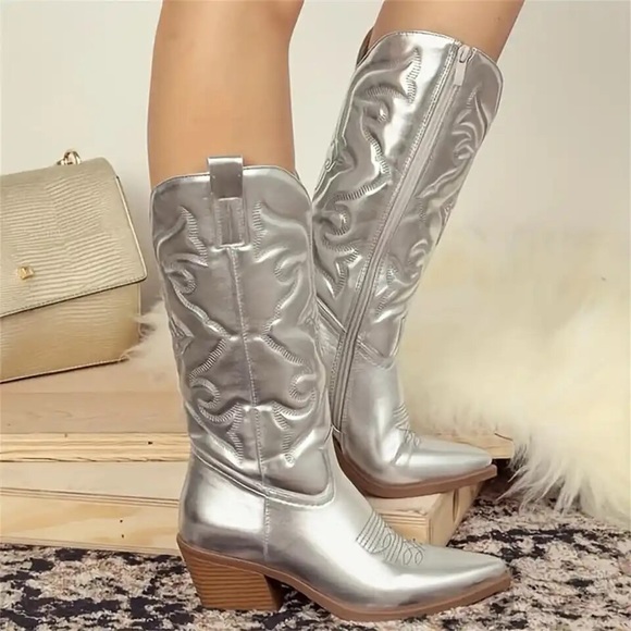 AT COST 🛑Country Silver grey Western Cowgirl Boots Leather Side Zipper cowboy - Picture 1 of 3